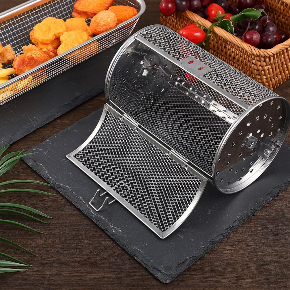SUPVOX Stainless Steel Rotisserie Basket 11.8 Inch Rotating Oven Grill Cage with Easy-Open Door for Roasting Nuts Vegetables Chestnuts and Sweet Potatoes