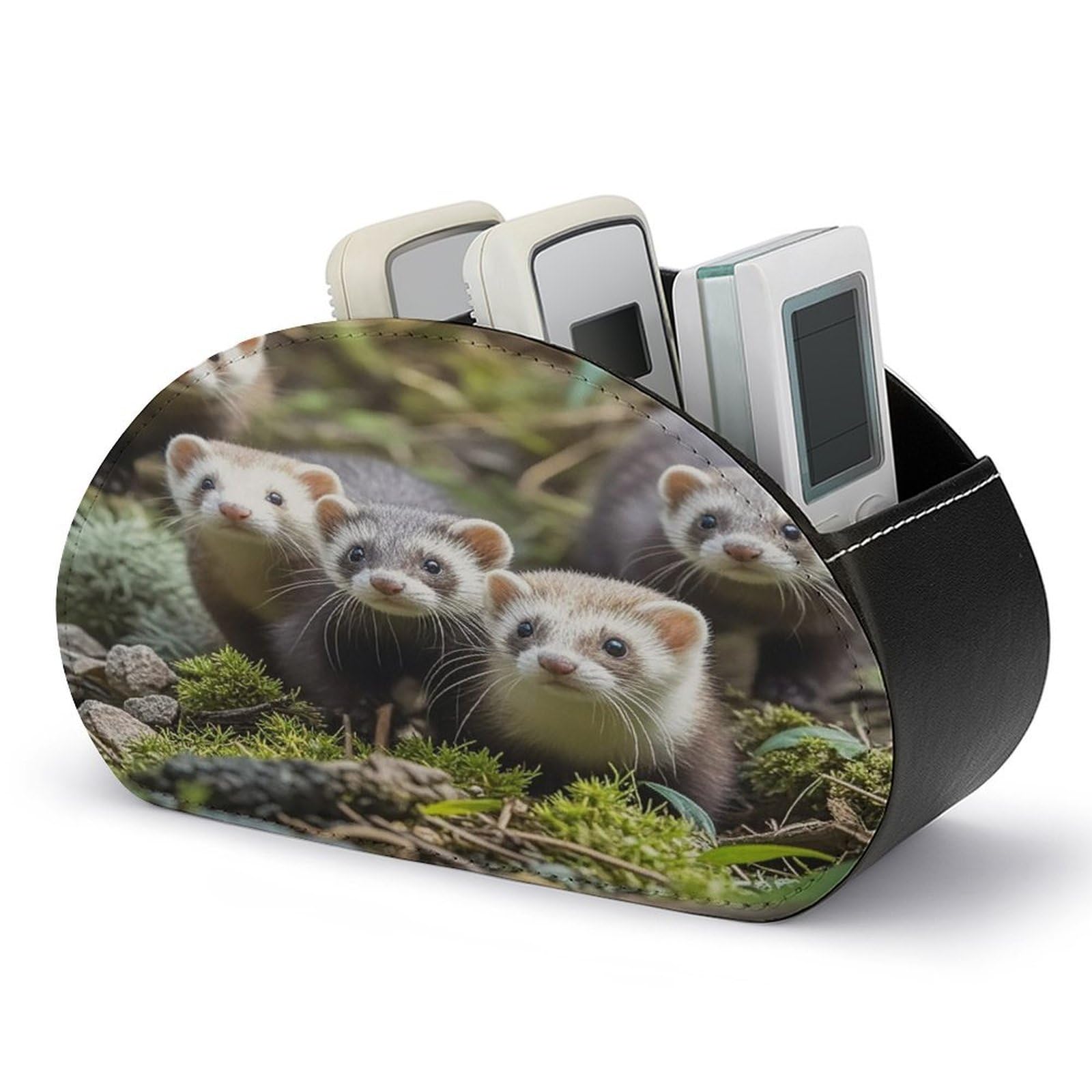 LZQPOEAS Ferrets Remote Control Holder with 5 Compartments PU Leather Remote Organizer Box Caddy for Table Nightstand Remote Caddy Desktop Organizer Fits Media Controllers