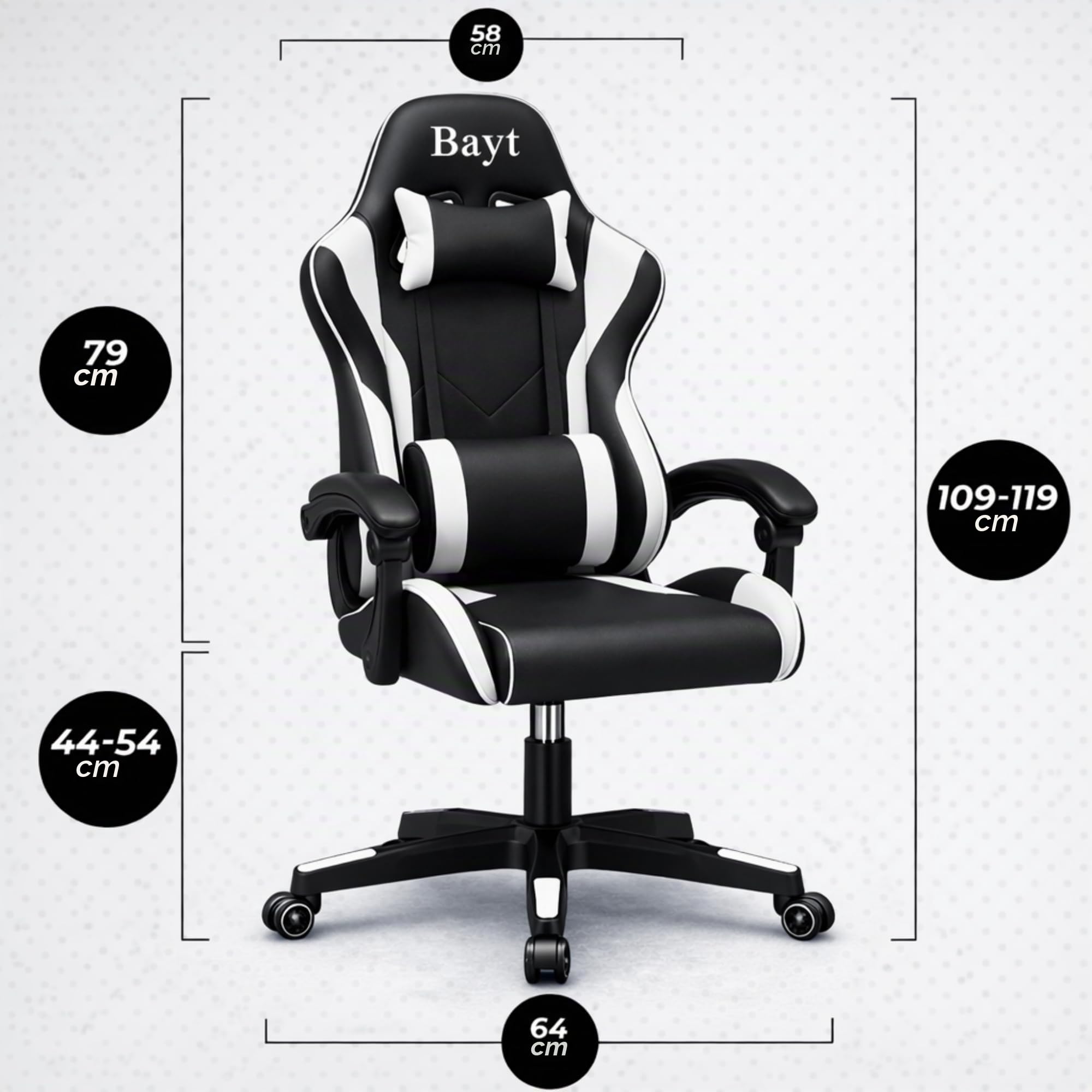 Bayt Sedia Gaming - Sedia Scrivania Ufficio Reclinable in Similpelle, Poltrona PC Racing con Supporto Lombare e Poggiatesta, Altezza Regolabile e Braccioli, Nero/Bianco