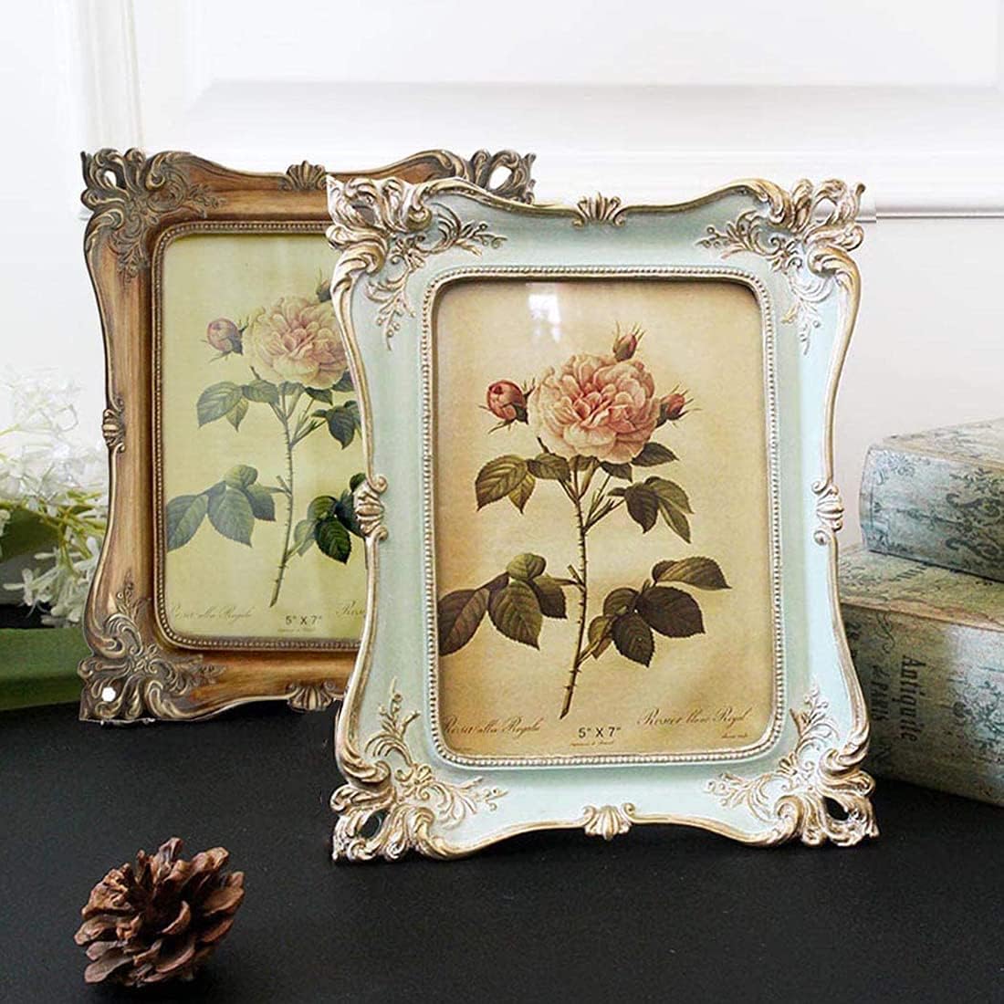 CISOO 5x7 Vintage Picture Frame Antique Ornate Blue Photo Frame, for Table Top and Wall Display, Decorative Floral Design Retro Home Decor, Photo Gallery Art