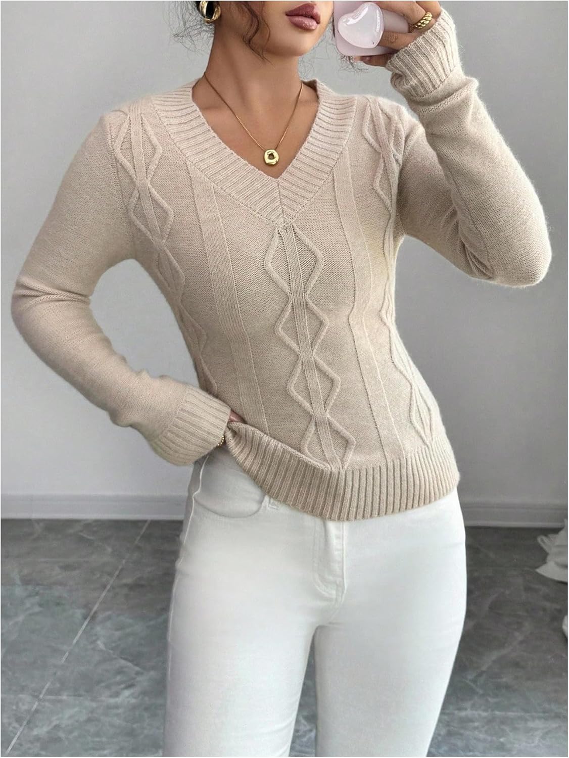MakeMeChic Women's V Neck Sweater Long Sleeve Knitted Pullover Jumper Tops Old Money Clothes - Image 5