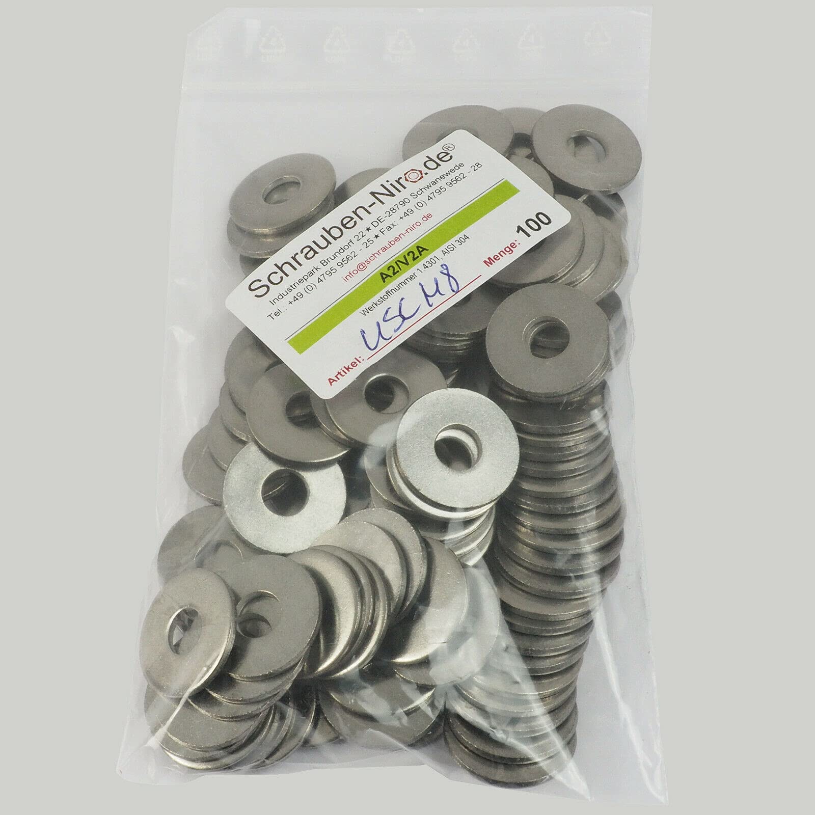 1000 Unterlegscheiben DIN 9021 M8 (8,4 mm) Edelstahl A2 VA V2A rostfrei