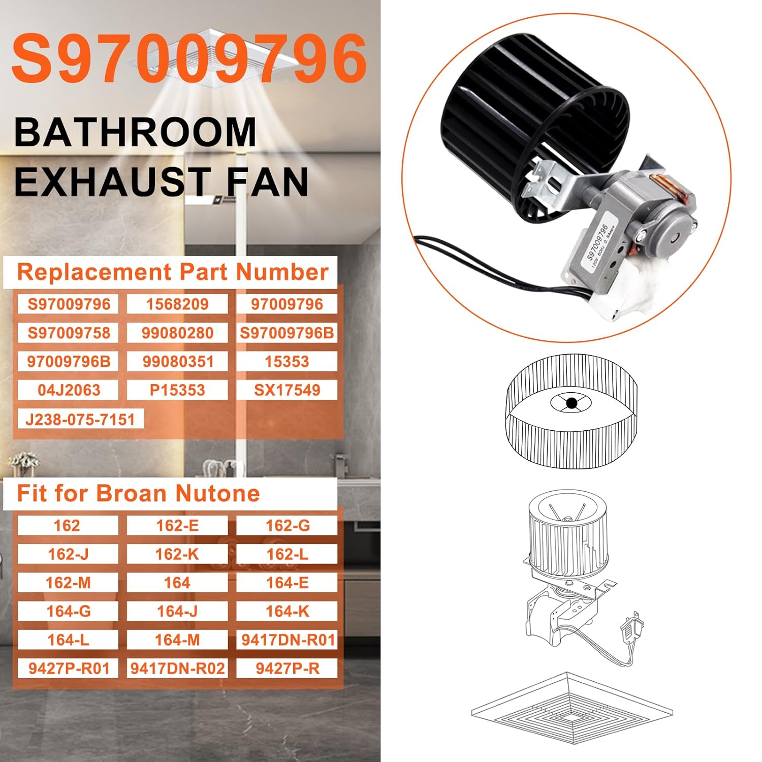 Hiorucet 9417DN-R01 Exhaust Fan, S97009796 Bathroom Fan Motor for Nutone Broan Water Heater Fan 162 162-K 162-J 162-L 162-G 162-E 162-M 164 164-K 164-G/E/J/L/M, 9417DN-R01 9427P-R01, Replaces 99080351