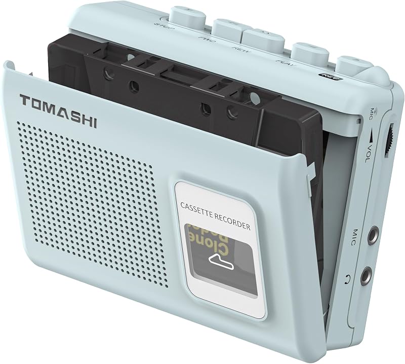 Grabadora de cinta con reproductor de casete portátil con parlante incorporado, micrófono, conector para auriculares, 4,57 x 3,54 x 1,38 pulgadas (azul)