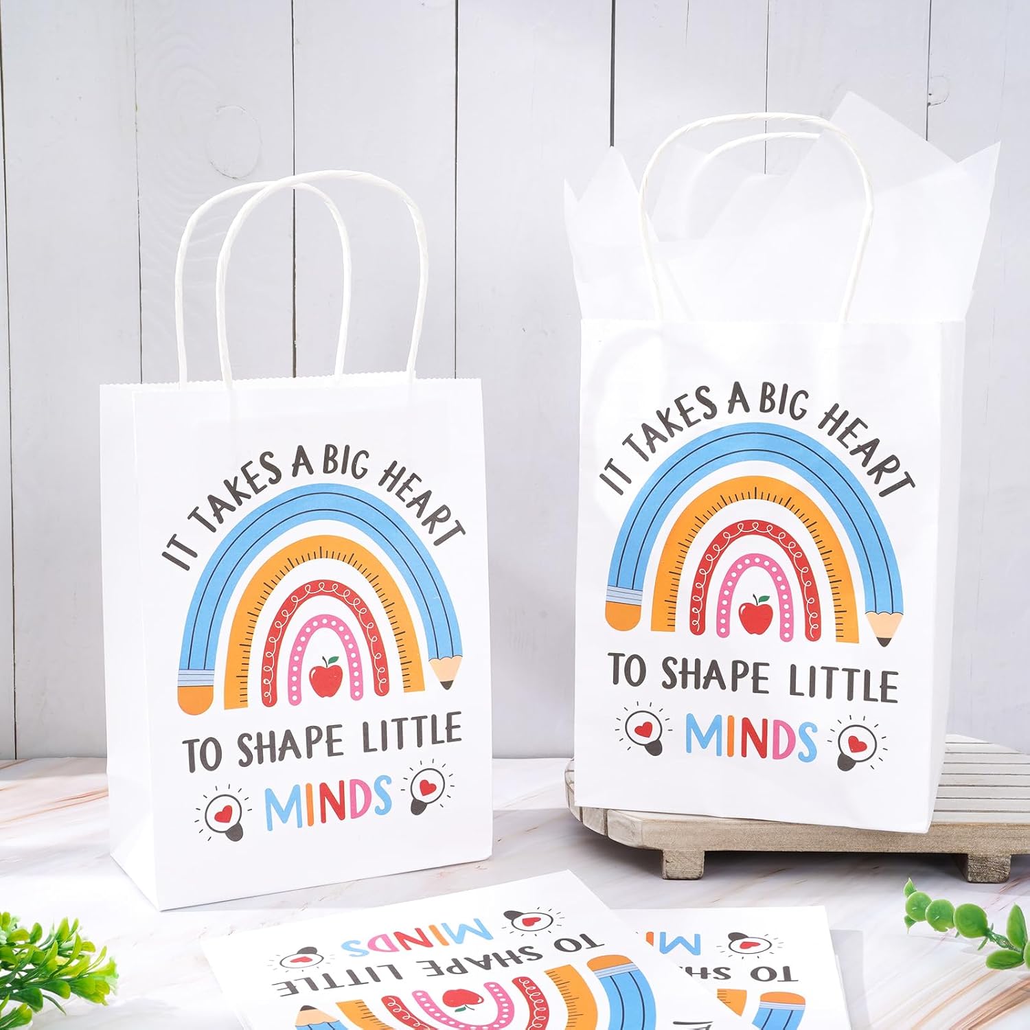 Whaline 60Pcs Teacher Appreciation Paper Bags with 75 Sheets Tissue Paper Pencil Rainbow Candy Treat Bags with Handles for Teachers' Day Back to School Party Favors Supplies