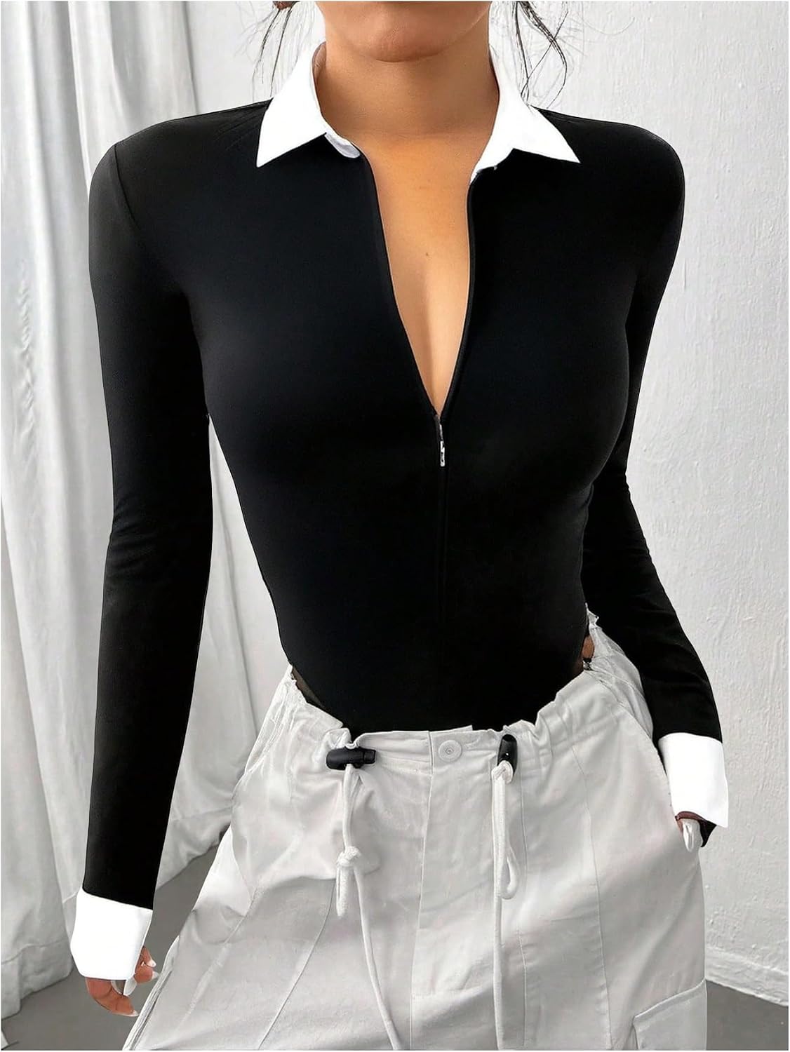 SweatyRocks Women's Long Sleeve Collared Shirt Bodysuit Zip Up Leotard Deep V Neck Slim Fit Tops