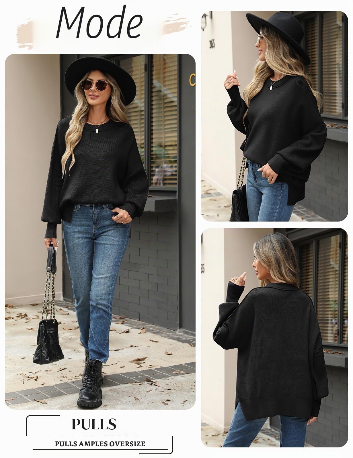 Pull Femme Hiver Oversize Pulls à Manches Longues Chic et Élégant Chaud Sweat Tunique Décontracté Col Rond Pullover Tricoté Sweatshirts Hauts Tops Automne