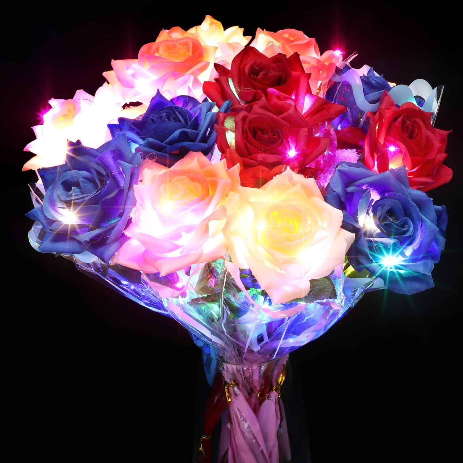 Riceshoot 24 Pcs Mother's Day Flower Rose Lights LED Glowing Artificial Flowers Rose Simulation Roses Gifts for Mom Mother's Day Party Decor (Red,Blue,Pink,Champagne)