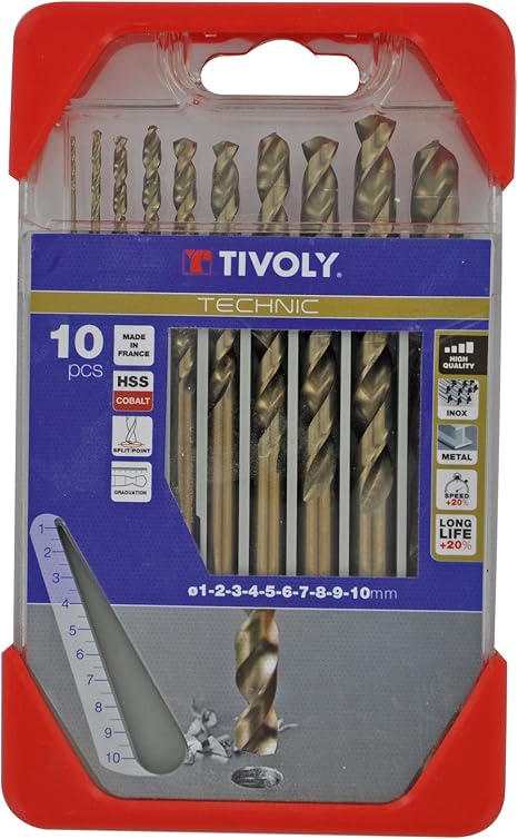 TIVOLY - Coffret Forets Gradués Métaux Haute Performance - Spécial Perçage Inox et Aciers Résistants - 19 Forets HSS Cobalt 1 à 10mm