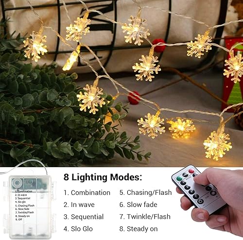 Miniatura 6 de BrizLabs Luces de copo de nieve, 40 luces LED de Navidad de 16.08 pies con control remoto, cadena de luces parpadeantes de copo de nieve funciona