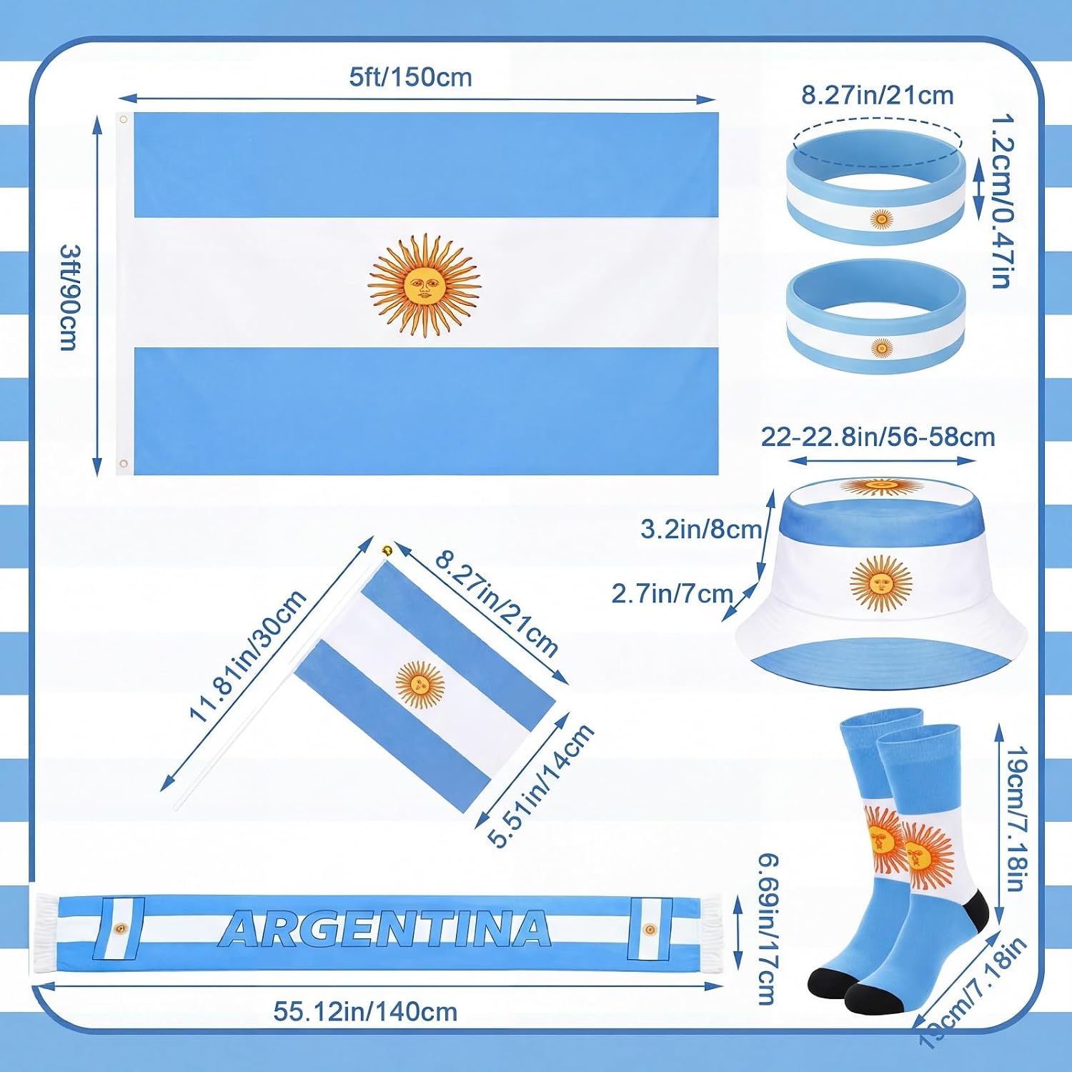 Newcotte 2026 Soccer Fan Support Kit 3x5 ft Soccer Country Flag with Patriotic Country Cape Socks Scarf Hat Wristbands Hand Wave Flag for Sport Party Fans Cheering Accessories
