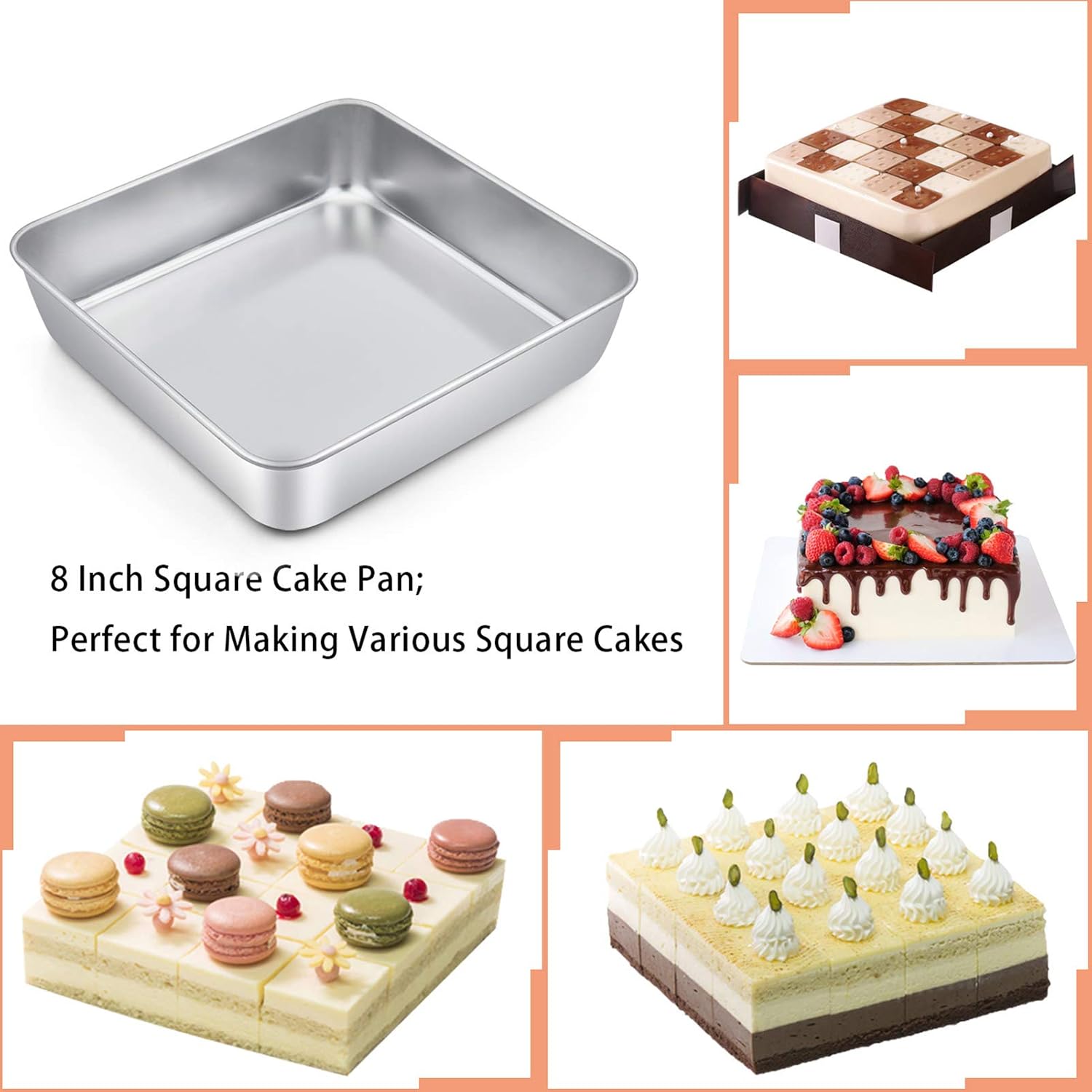 TeamFar Square Cake Pan with Lid (1 Pan & 1 Lid), 8 Inch Square Stainless Steel Baking Tray Cake Brownie Tin For Meal Prep Storage Transporting Food, Healthy & Sturdy, Dishwasher Safe - Image 4