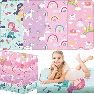 Mixweer 4 Pcs 19 x 45 Inches Nap Pad Sheet for Girls Soft Nap Mat Breathable Cover with Rainbow Unicorn Balloon Mermaids Washable Rest Mat Cotton Cover for Preschool and Daycare Sleep