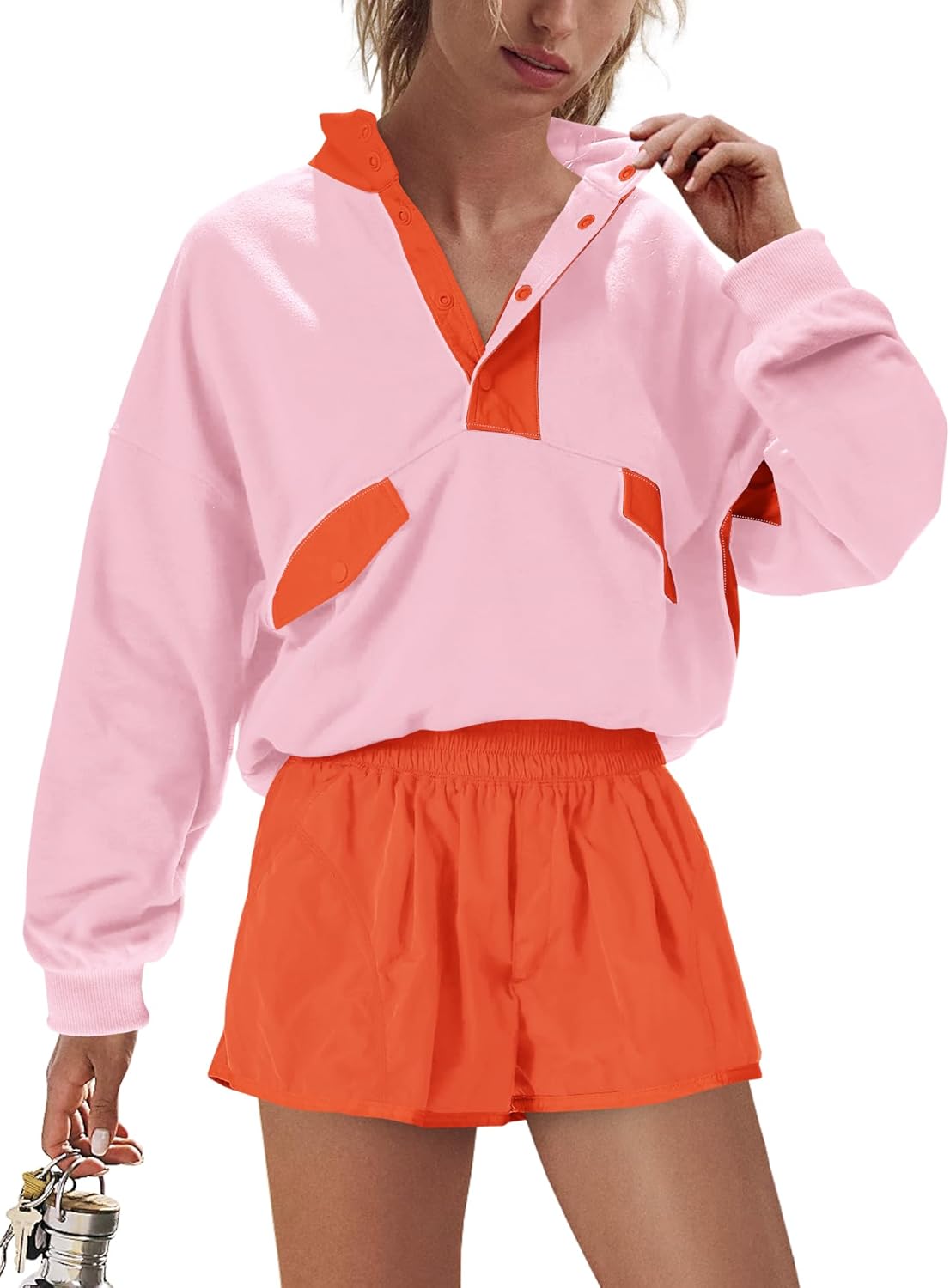 LAMISSCHE Work out Sets Gym for Women Sweatsuits 2 Piece Set Long Sleeve Top & Shorts Active Wear Sets with Pockets