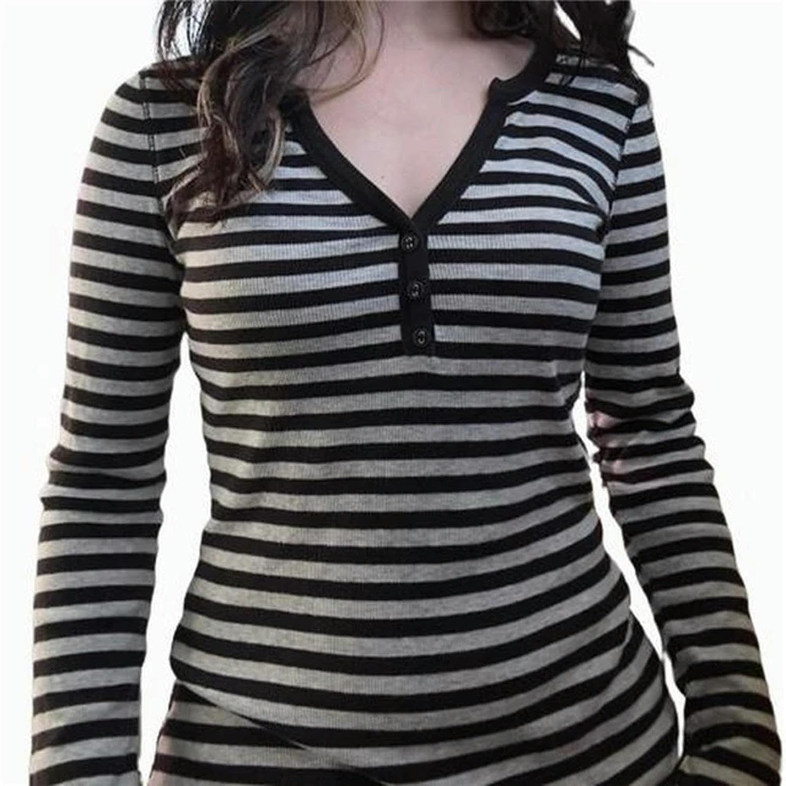 T-shirt gothique femmes rayé col en v à manches longues pour look streetwear punk branché
