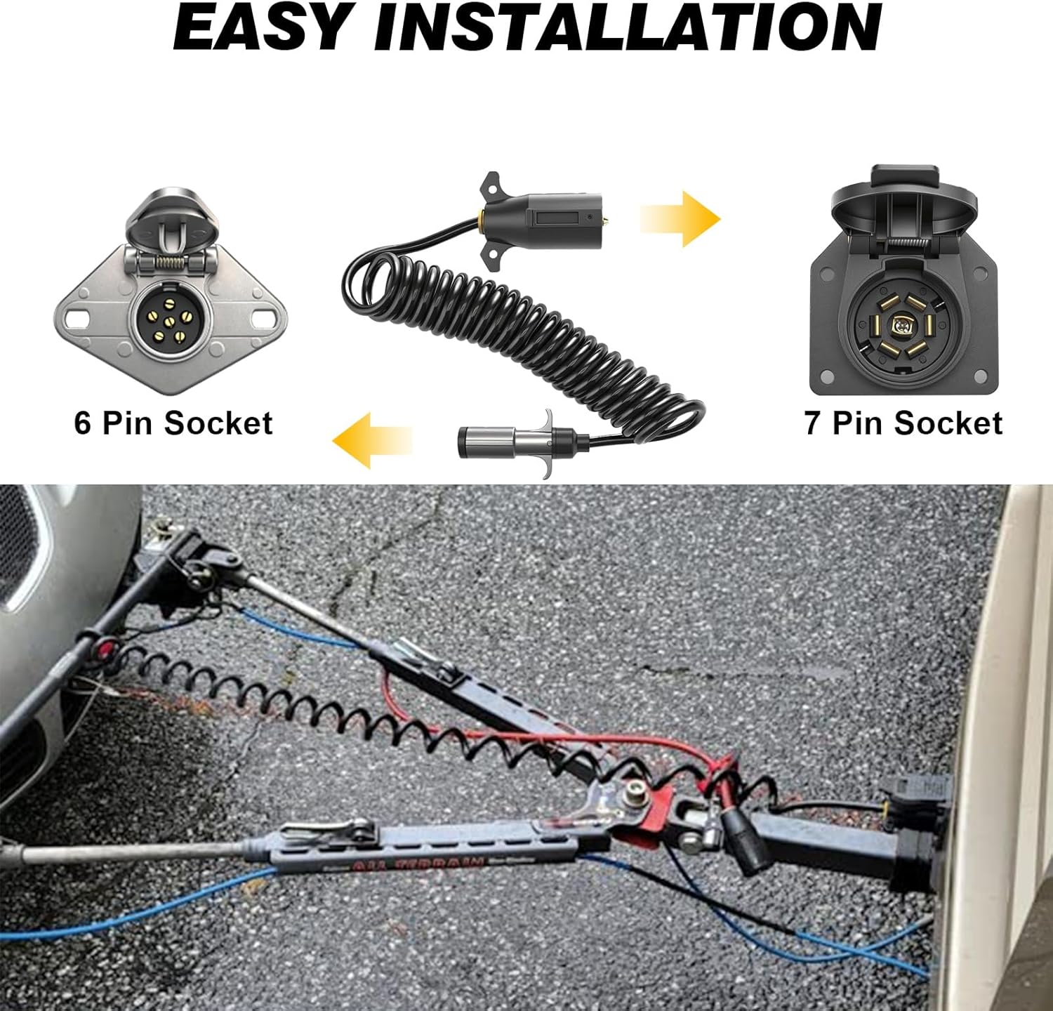 7 Pin to 6 Pin Trailer Adapter – Coiled Trailer Cord (Stretches to 10ft) – 7 Wire to 6 Wire Coiled Tow Cable with Female Socket & Mounting Bracket