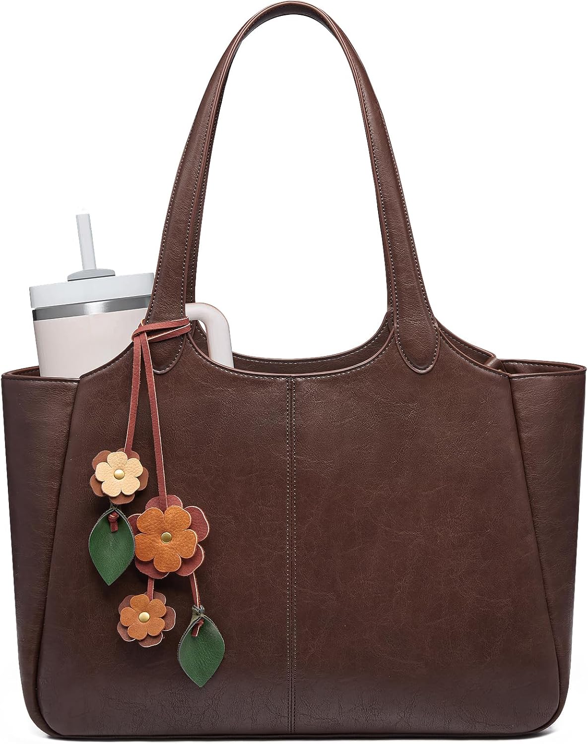 LOVEVOOK Tote Bag for Women, Leather Vintage Work Bag with 40oz Cup Holder,Nurse Teacher Shoulder Bag,Roomy,6 Pockets | Leak-resistant