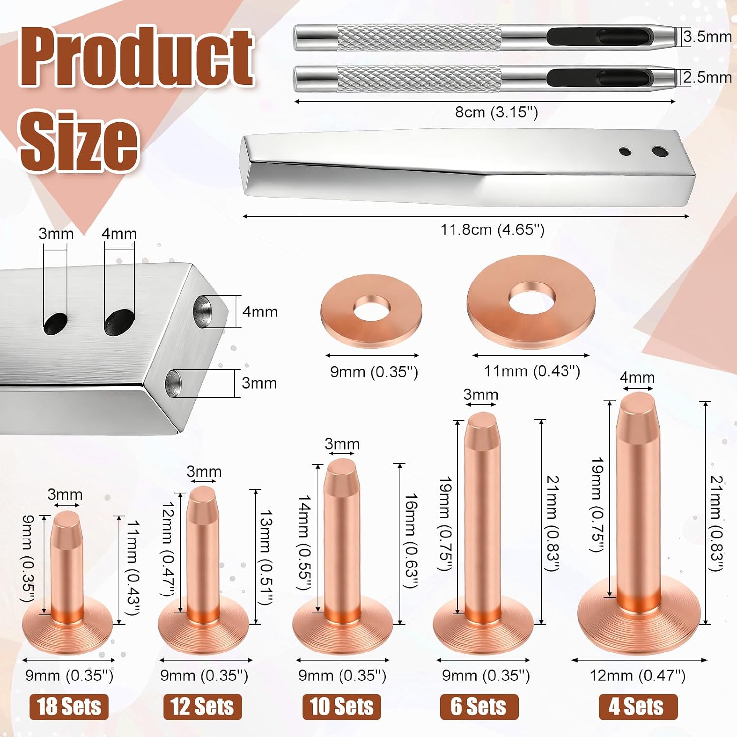 IMengjbang 50Sets Copper Rivets with Hole Punch Cutter Kit, Assorted Leather Rivet Set for Leather Working, Solid Brass Rivets for Repair Belts Handbags Wallets Collars Shoes Bracelets DIY Crafts