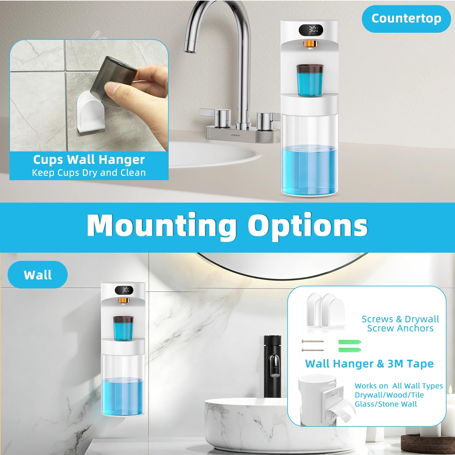 Distributore automatico di collutorio per bagno, 2000 mAh, erogatore elettrico touchless per collutorio con tazze magnetiche, dispenser da parete da 590 ml, dispenser collutorio per bambini e