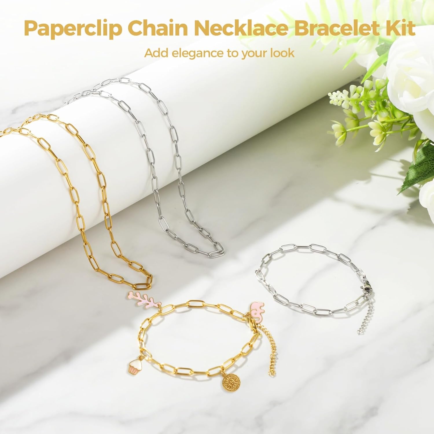 32 Pcs Paperclip Chain Necklace Kit, Gold and Silver 18 in Necklaces and 6.5 in Paperclip Bracelets, Stainless Steel Charm Necklace Chain for Jewelry Making