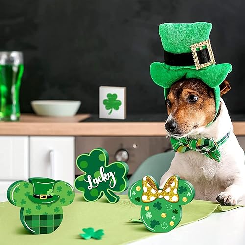 Miniatura 5 de 3 piezas de decoración de mesa de ratón del día de San Patricio, centros de mesa de madera de trébol, bandejas escalonadas para fiestas del día de