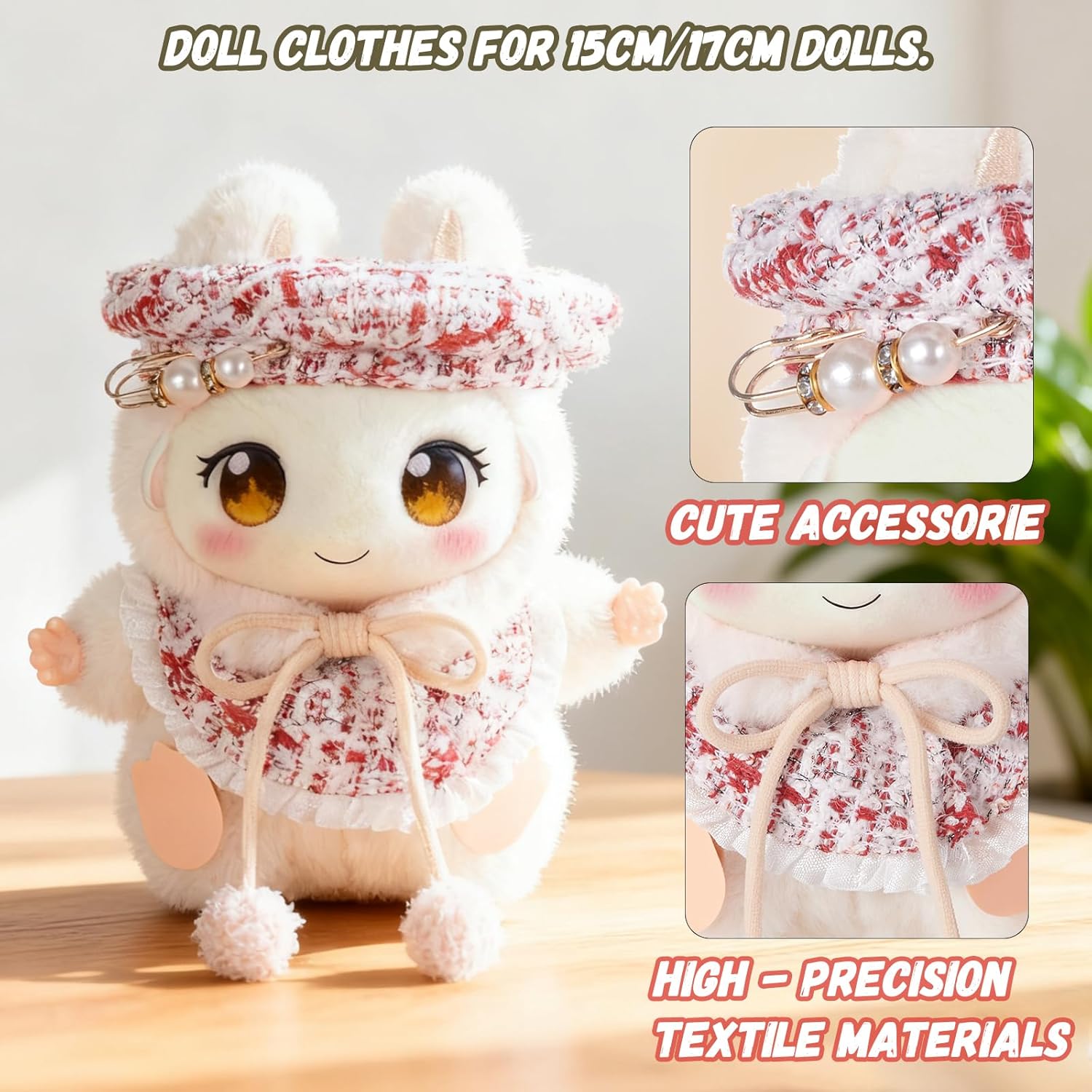 Vintage Plaid Outfit Set for Labubu 15cm/17cm Dolls,Fashion Doll Clothes for Labubu,Accessories for LABUBU,Clothes 3 Pieces Set Including Beret Hat, Cape Coat & Scarf for LA BUBU (No Doll)