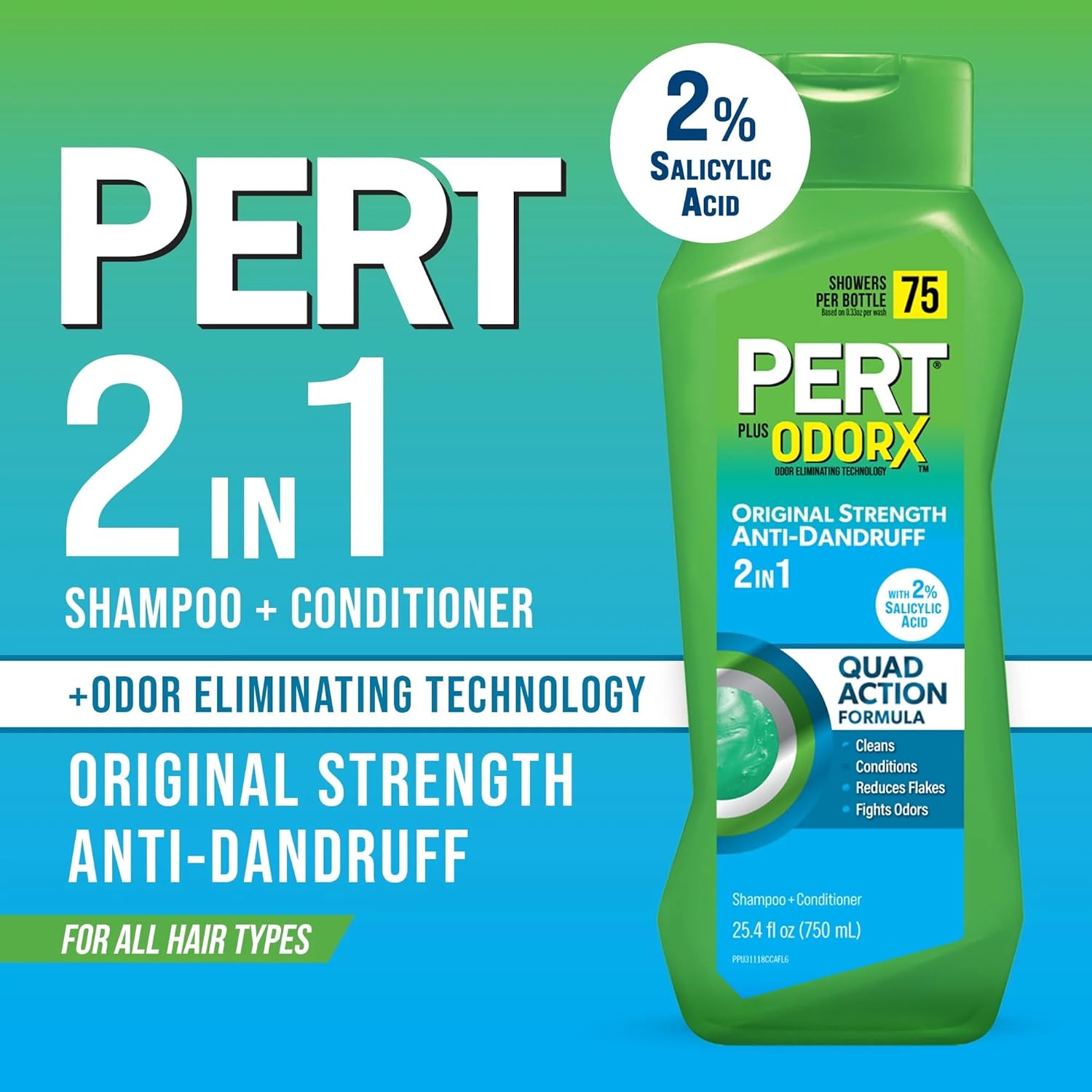 PERT 2 IN 1 Shampoo and Conditioner, Anti-Dandruff, 13.5 Fl. Oz (Pack of 6)