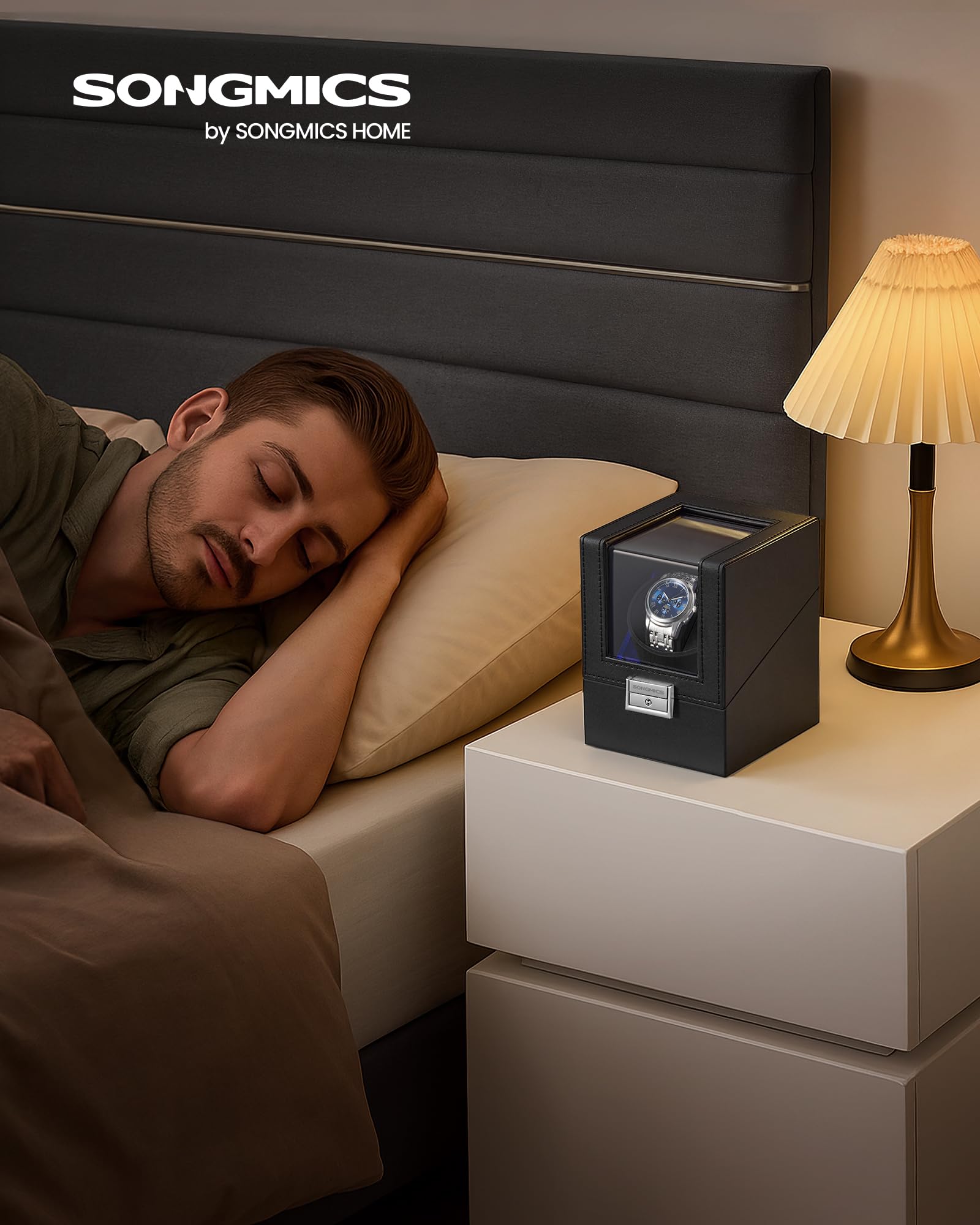 SONGMICS Zegarek, pudełko na zegarki, silnik premium, ze światłem LED, regulowana poduszka na zegarek, zamek, 4 tryby rotacji, kabel do ładowania USB C