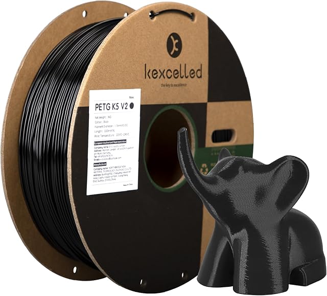 Filament PETG 1,75mm, kexcelled 3D Printer Filament, Odporność Chemiczna, Odporność na Niskie Temperatury, Ulepszone Cewki Kartonowe, Dokładność +/- 0,03mm, 1kg (2,2lbs), Czarny
