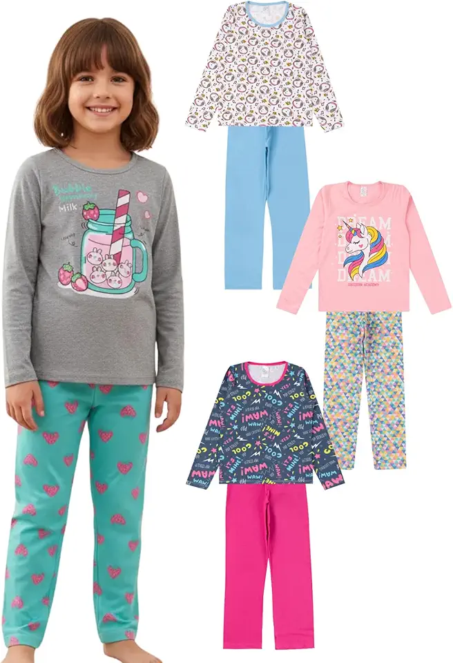 Kit com 3 Pijama Infantil Menina ou Menino INVERNO - Algodão - 1 ao 16