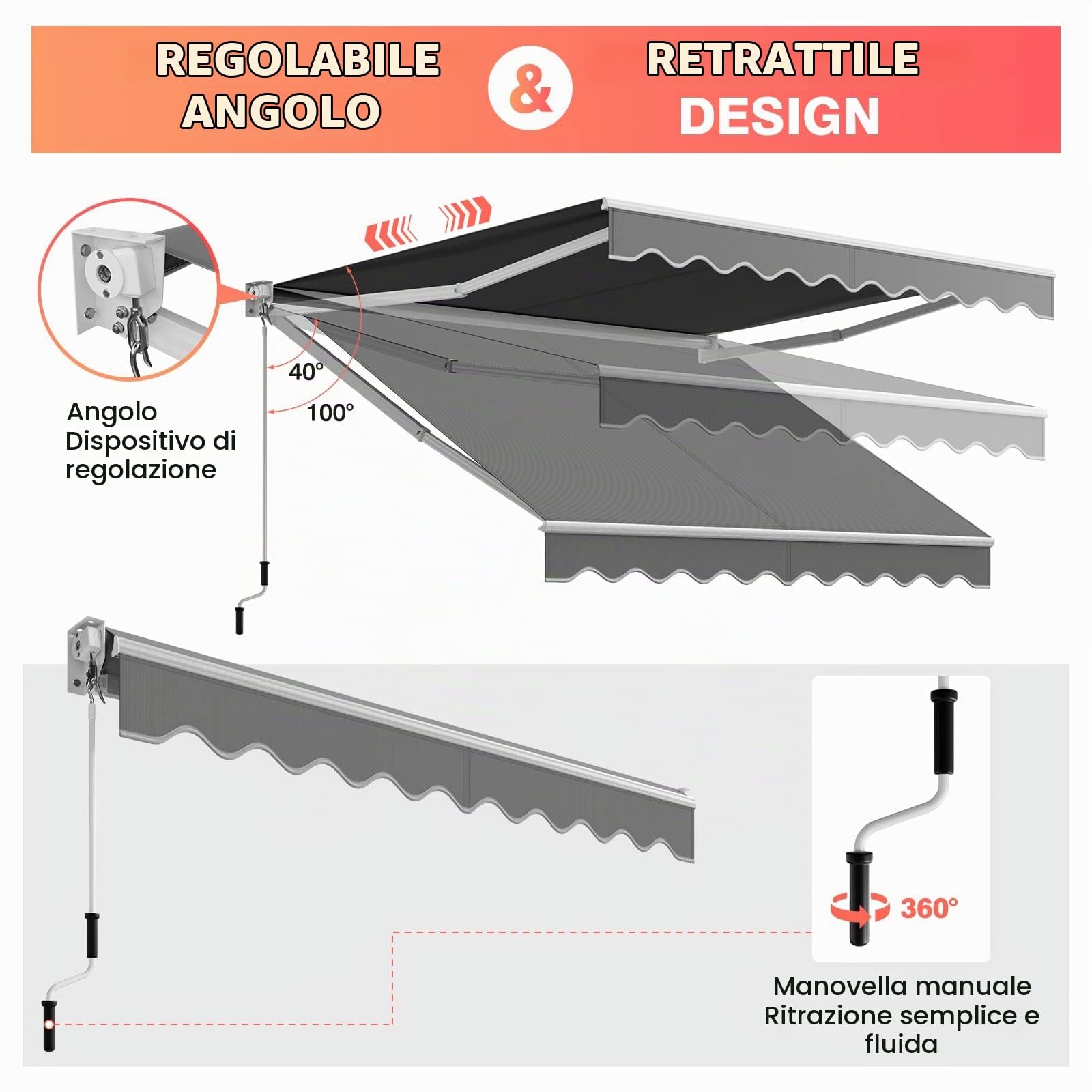 RELAX4LIFE Tenda da Sole con Bracci Estensibili 295x250cm con Manovella Manuale, Angolazione Regolabile per Balcone e Terrazzo, GRIGIO
