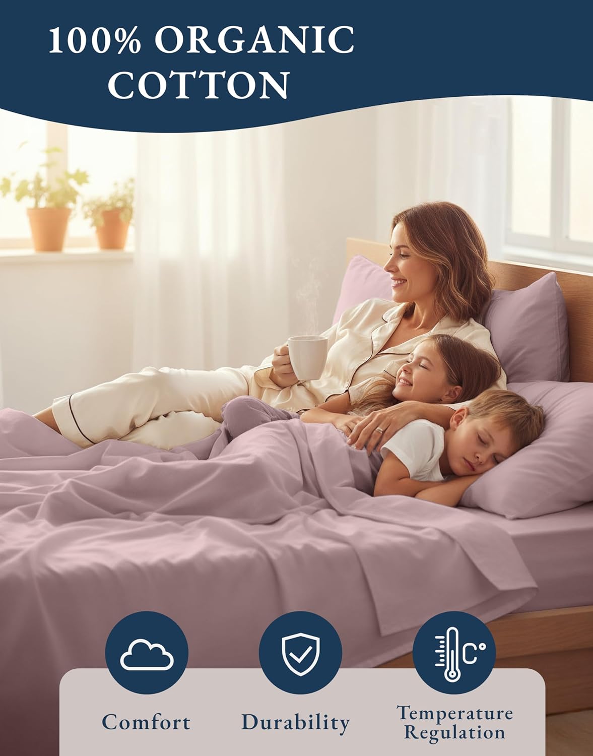 LANE LINEN Sustainable 100% Organic Cotton Twin Size Bed Sheets, Soft & Comfy Mercerized Fully Elasticized Naturally Cooling Machine Washable Twin Sheet Sets Cotton- Lilac thumbnail