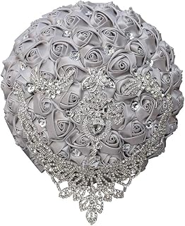 Handmade Luxury Wedding Bridal Bouquet Large Silk Rose Holding Toss Artificial Flowers Bouquets with Satin Ribbon Pearls Rhinestone for Bride Vintage Royal Wedding Bouquet (Silver)