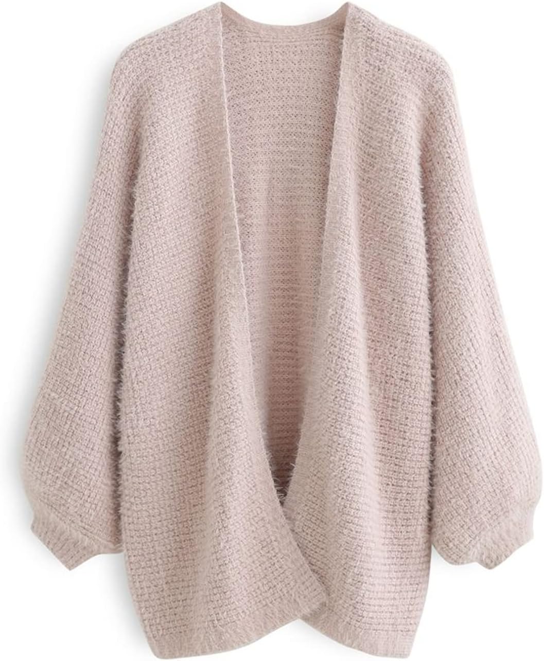 CHICWISHWomen's Classy Tan/Pink/Blue Fuzzy Bubble Sleeves Open Front Waffle Knit Cardigan Coatigan