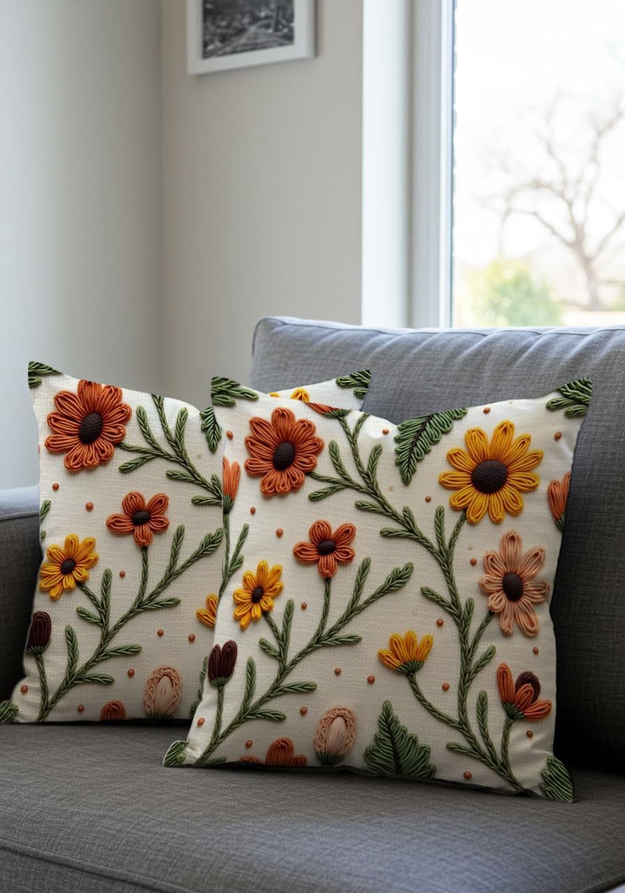 Artvibe Decorative Throw Pillow Covers 17x17 inch, Autumn Floral Punch Embroidered Pattern, Digital Printed, Set of 4, Orange Yellow
