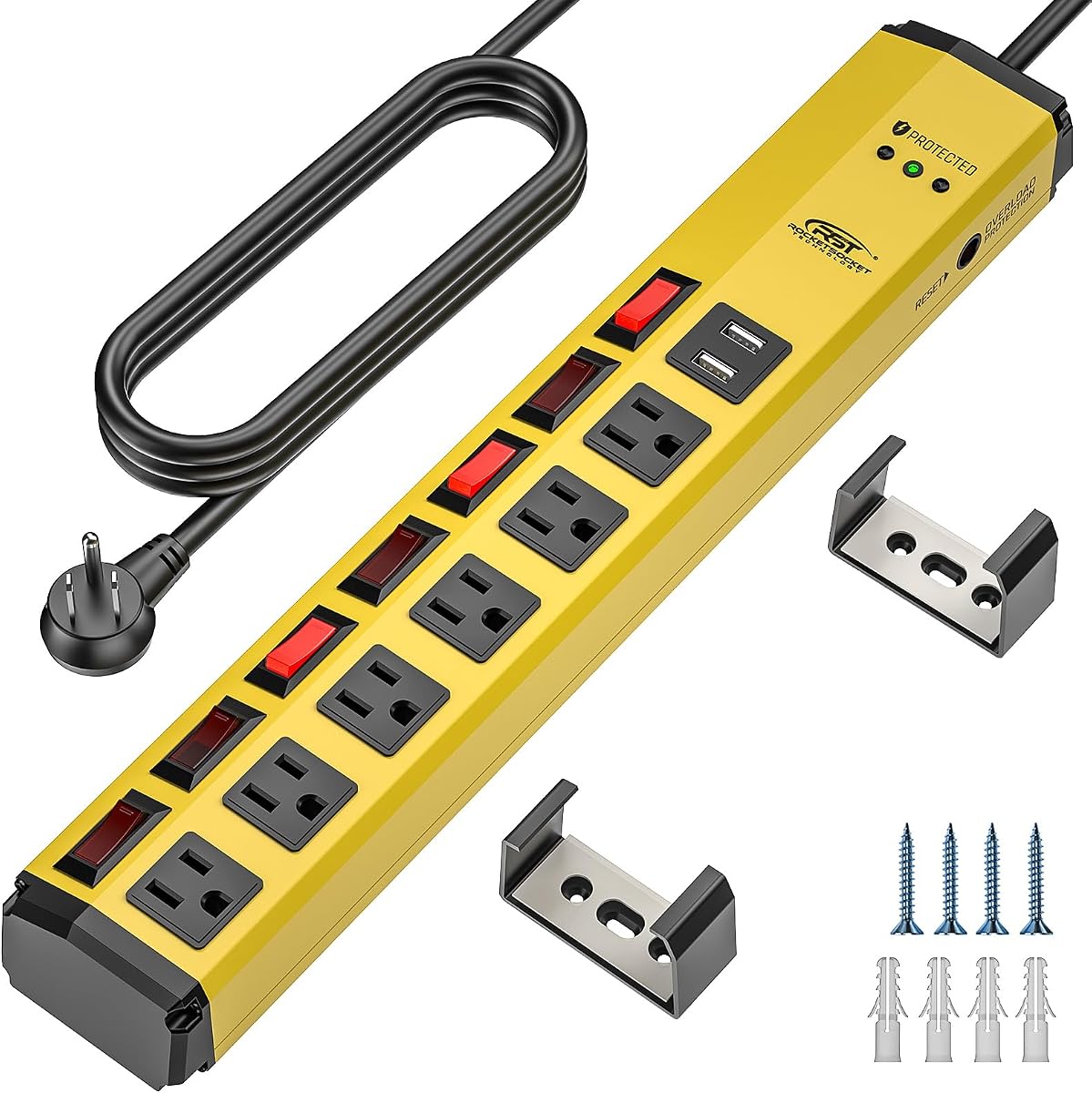 6 Outlet Metal Power Strip with 2 USB (3.4A) & Individual Switches | 15A/1875W, 6FT Cord, 1.77" Extra Wide Spacing for Bulky Plugs, 1200J Surge Protector Power Strip for Garage Workshop Home