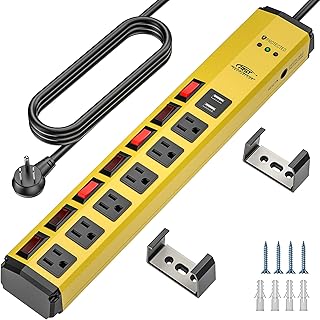 CRST 6-Outlet Heavy Duty Power Strip with USB and Individual Switches, 1200 Joules Metal Mountable Surge Protector Power Strip 15A Circuit Breaker, 6FT Extension Cord for Garage, Workshop, Home
