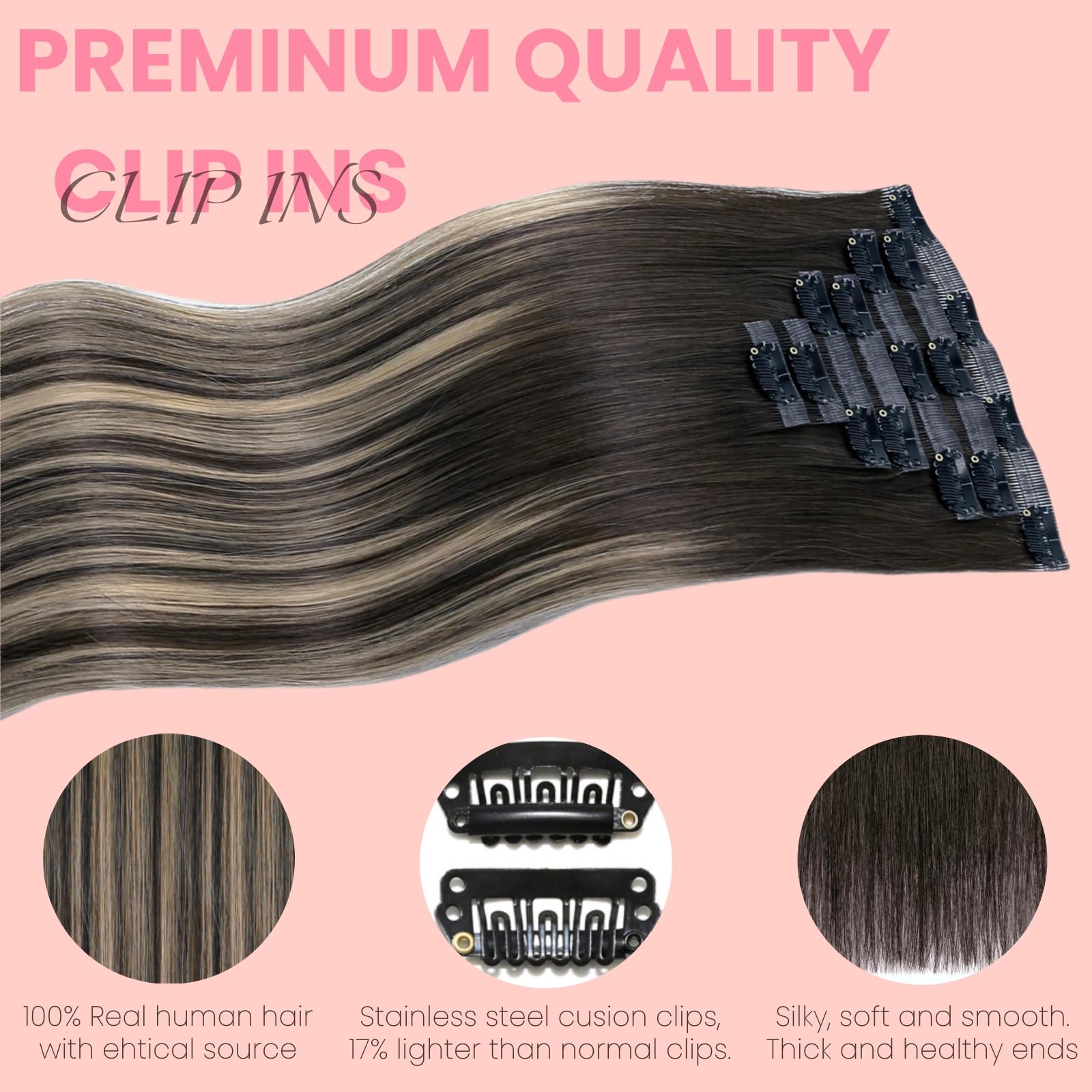 FUOTONBUTY Extension Capelli Veri Clip Doppia Cucitura 7pcs, Extension Capelli Clip, Extension Capelli Veri 90g, Capelli Umani Lisci (Da castano medio a biondo miele, 40 CM)