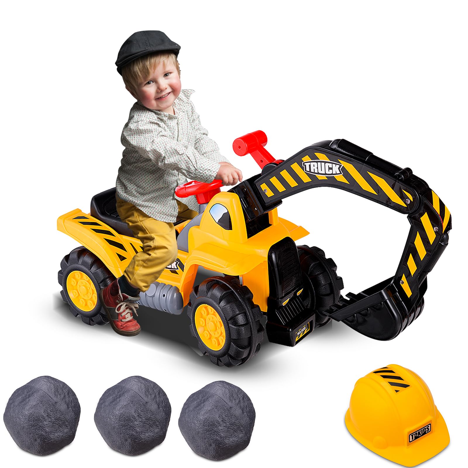 SOARS Sitzbagger, Aufsitzbagger mit Stauraum unter dem Sitz, Kinderbagger mit Horn & Soundeffekten, Sandkasten Bagger mit Verstellbarer Schaufel, inkl. Helm & 3 Spielzeug Stein