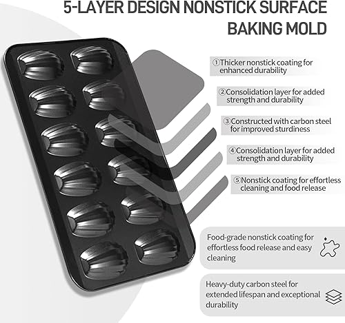 Miniatura 5 de Paquete de 2 moldes Madeleine para hornear, 12 cavidades resistentes en forma de concha para hornear, molde antiadherente para hornear galletas para