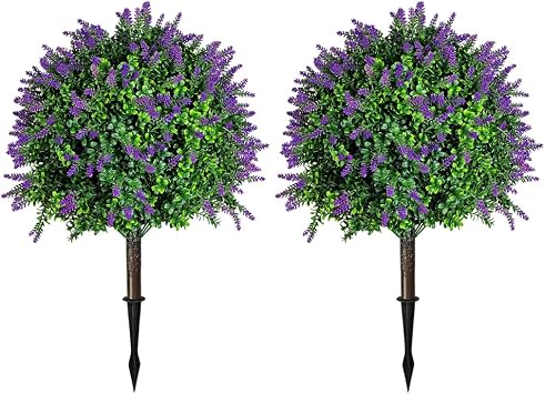Set of 2 Artificial Lavender Topiary Ball Trees for Outdoor with Ground Spike 73cm, UV Resistant Faux Greenery Shrubs Bushes,Fake Lavender Boxwood Plants for Garden Yard Porch Patio Decor 73cm