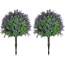 Set of 2 Artificial Lavender Topiary Ball Trees for Outdoor with Ground Spike 73cm, UV Resistant Faux Greenery Shrubs Bushes,Fake Lavender Boxwood Plants for Garden Yard Porch Patio Decor 73cm