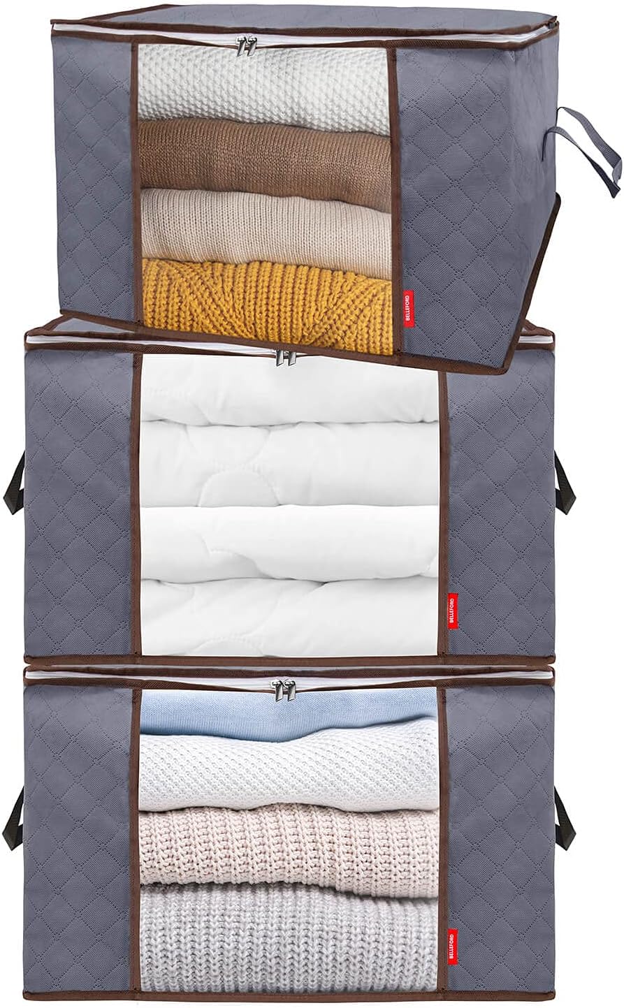 BELLEFORD Storage Bags for Clothes XXL - 23x16x13" Clothing Organizer Set - Also for Bedding & Blanket Storage - Large Capacity, Reinforced Handles, Sturdy Zipper, Water-Resistant, 90L (Grey, 3-Pack)