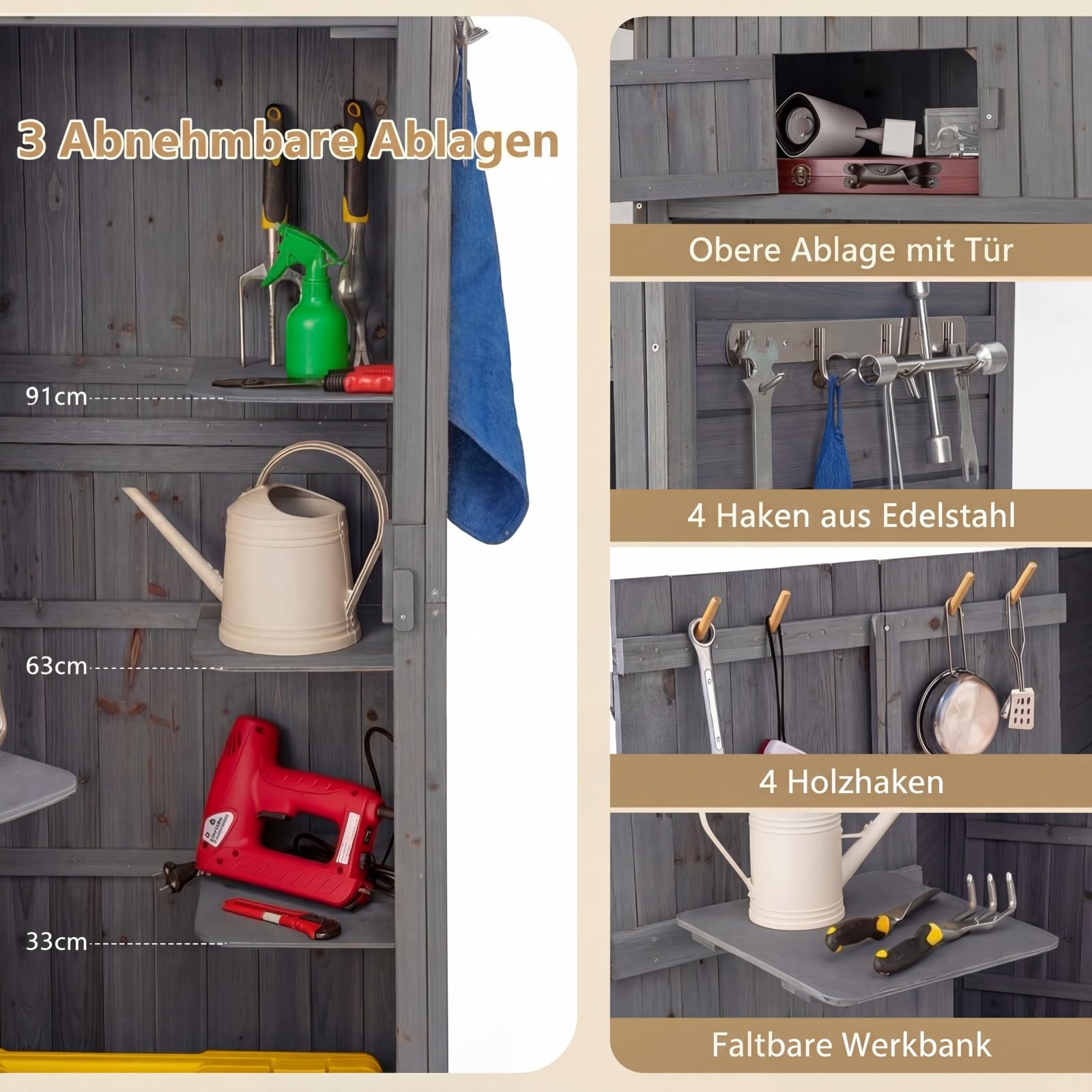 RELAX4LIFE Gerätehaus Holz, 75 x 50 x 180,5 cm, Gartenschrank mit Satteldach, Geräteschrank mit 8 Haken & 3 Regalen & Faltbarem Tisch & Oberem Fach, Gartenhaus Wetterfest für Außenbereich (Grau)