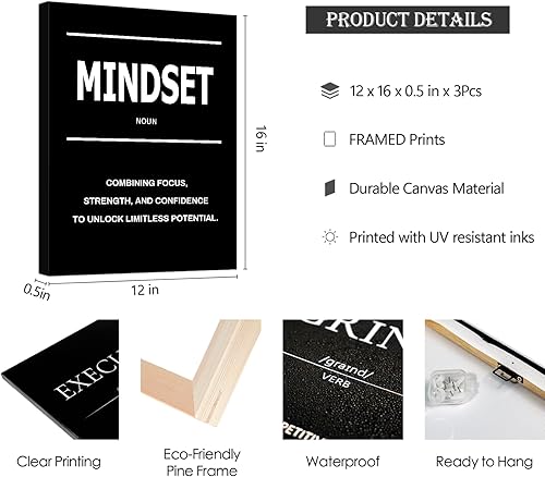 Miniatura 2 de LMGOV Decoración motivacional de pared de oficina, arte de pared de éxito de 12 x 16 pulgadas para hombres, pintura en lienzo blanco y negro para