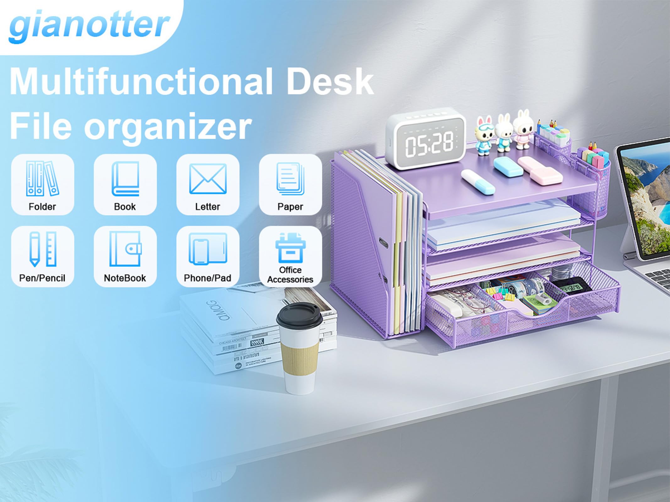 gianotter Wood Desk Organizers and Accessories with File Holder, 4-Tier Desk Accessories & Workspace Organizers with Drawer and 2 Pen Holder, Desk Reference Organizer (Purple, 4T with Metal Drawer) view 3