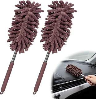 2 PCS Car Interior Duster with Extension Pole, 11.8" to 30.5" Retractable Cleaning Tool with Long Handle, Multifunctional Scratch Free Duster for Vehicle Home Office (Khaki)