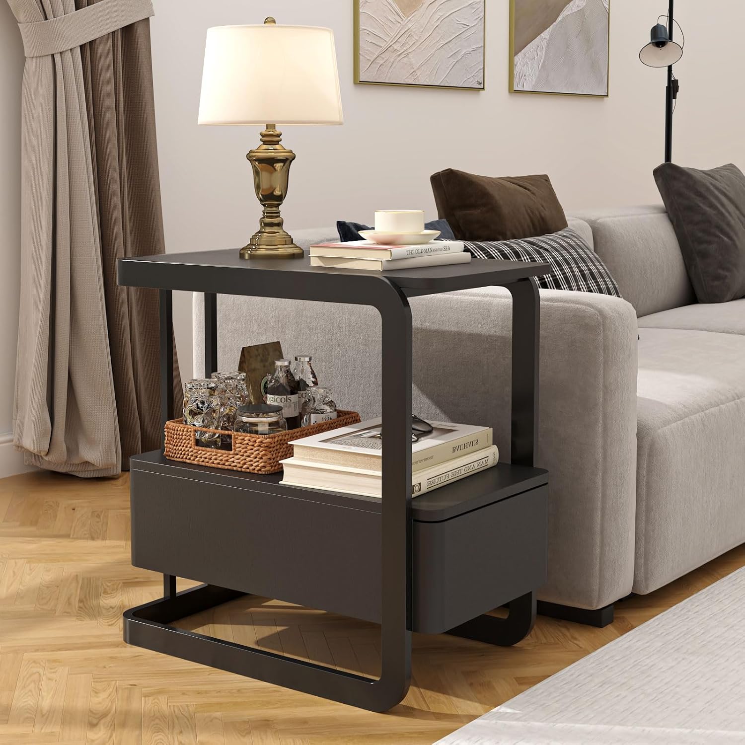 Narrow Side Table, End Table with Drawer& Storage Shelves, Modern Sofa Couch Table Curved Bedside Table for Living Room Bedroom, Narrow Nightstand with Thickening Iron Shelves for Small Space, Black