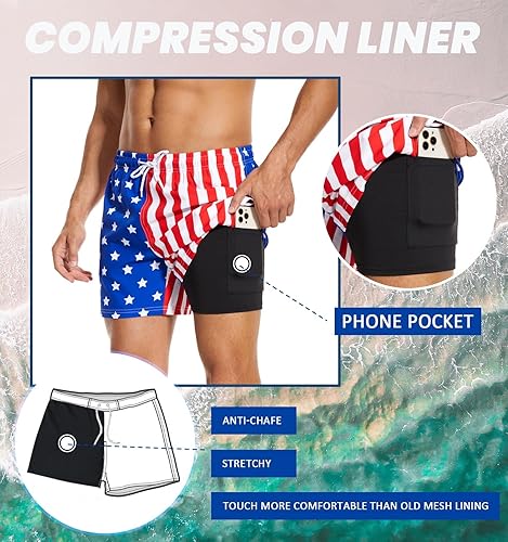 Miniatura 2 de Aueyan Traje de baño para hombre de 5.5 pulgadas con forro de compresión y bolsillos con cremallera, de secado rápido, divertidos pantalones cortos