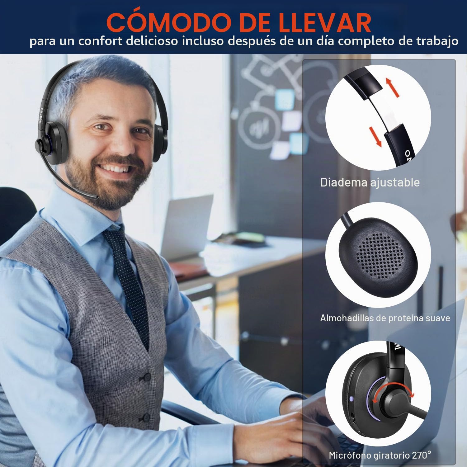 Auriculares Inalámbricos V5.1, Auriculares Bluetooth con Micrófono | Dual CVC8.0, Cascos Inalambricos para Teléfono Móvil PC Teams Oficina Call Center, 30H+ Tiempo de Conversación